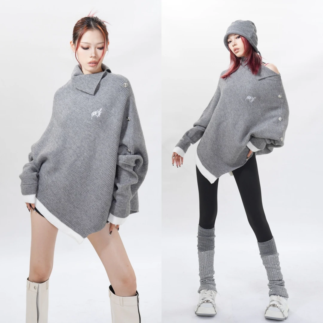 老吴的衣橱【誓言终章】设计感翻领不规则宽松长袖毛衣女秋冬C573