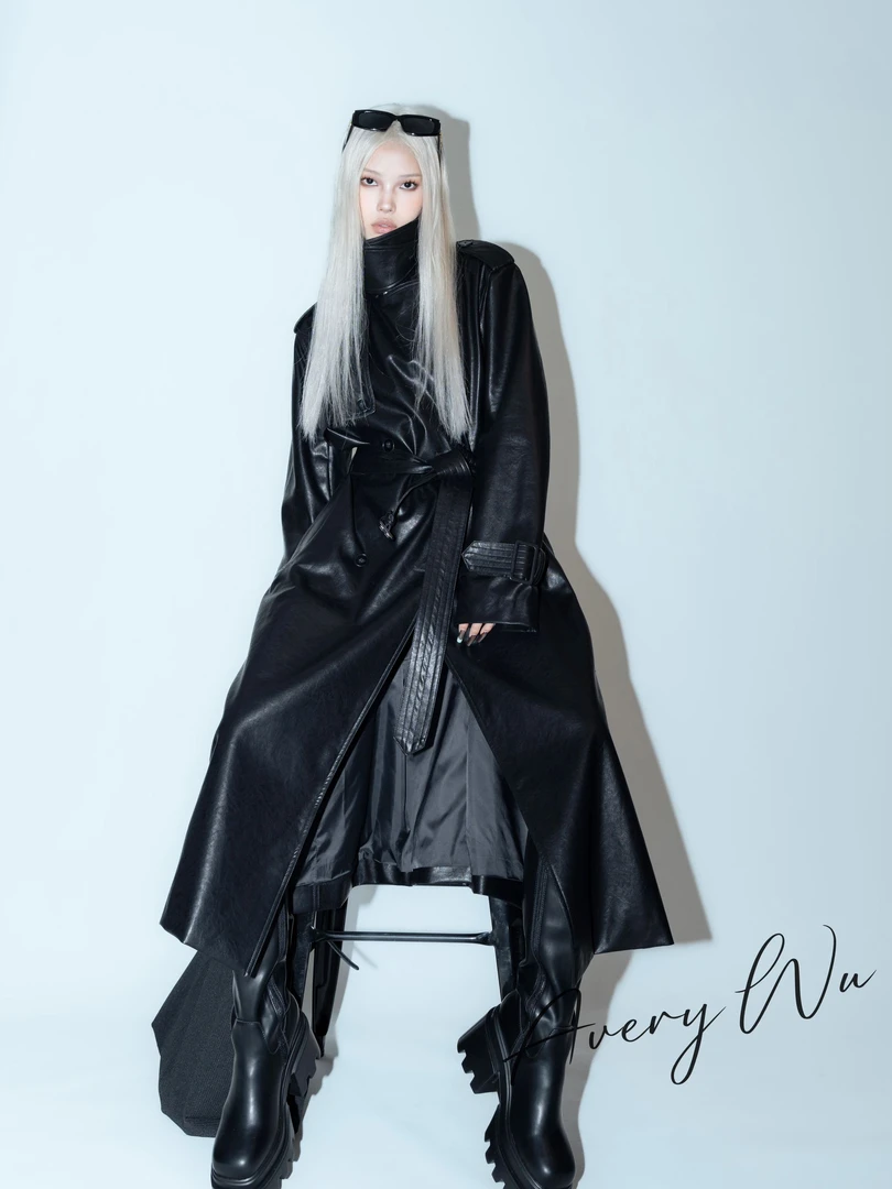 老吴的衣橱【巴黎旧梦】时尚辣妹休闲复古百搭长款皮风衣外套女W528