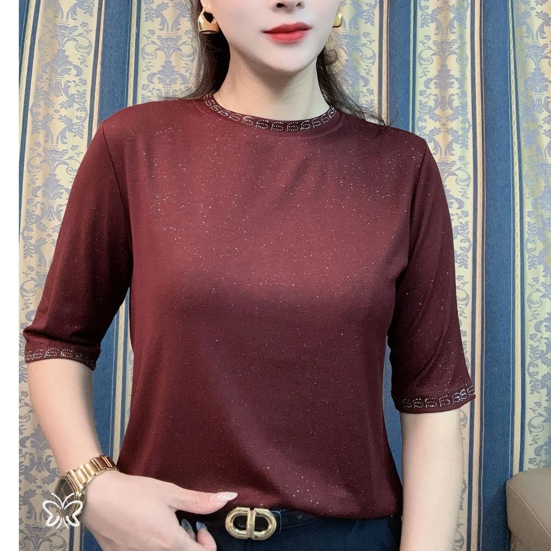 2025春季新品时尚百搭气质显瘦纯色五分袖打底衫女士上衣