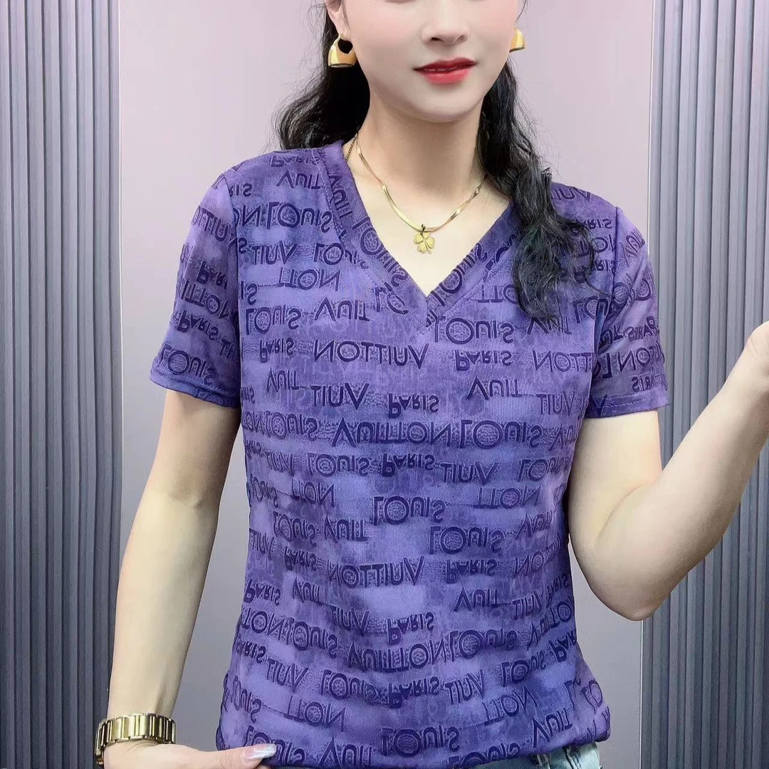 时尚百搭蕾丝上衣女士短袖2025夏季新款网纱t恤洋气时髦紫色小衫