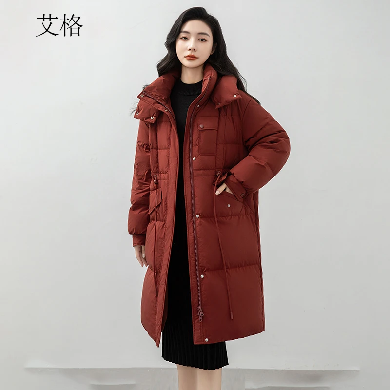 艾格中长款羽绒服女冬季2024新款连帽时尚休闲百搭保暖外套