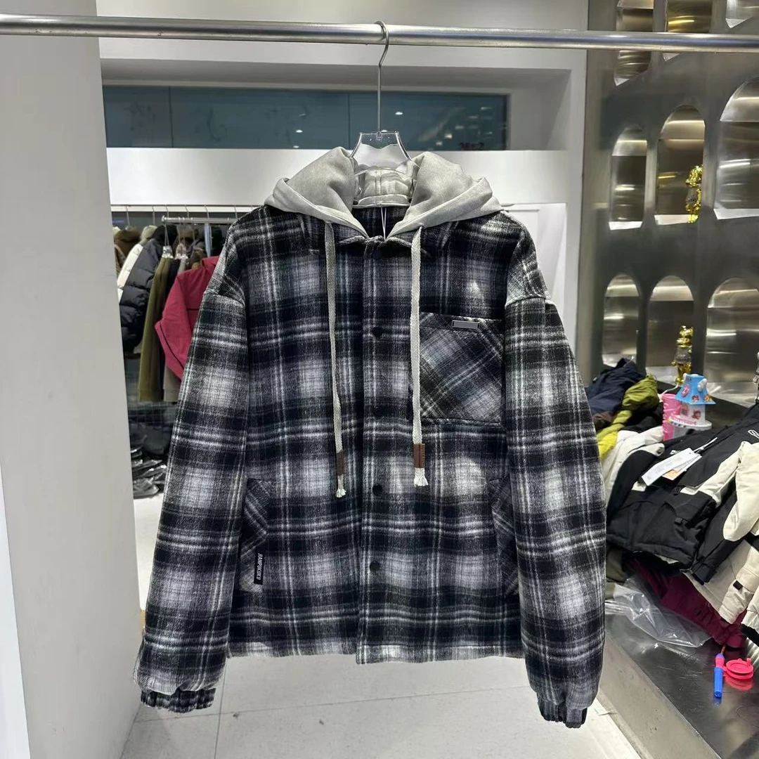 冬季男士连帽格子休闲外套男款时尚宽松带帽秋冬拼接格纹152
