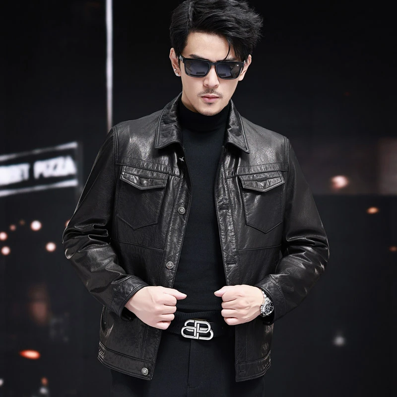 2501海宁男士真皮皮衣短款翻领皮夹克头层牛皮外套休闲修身韩版