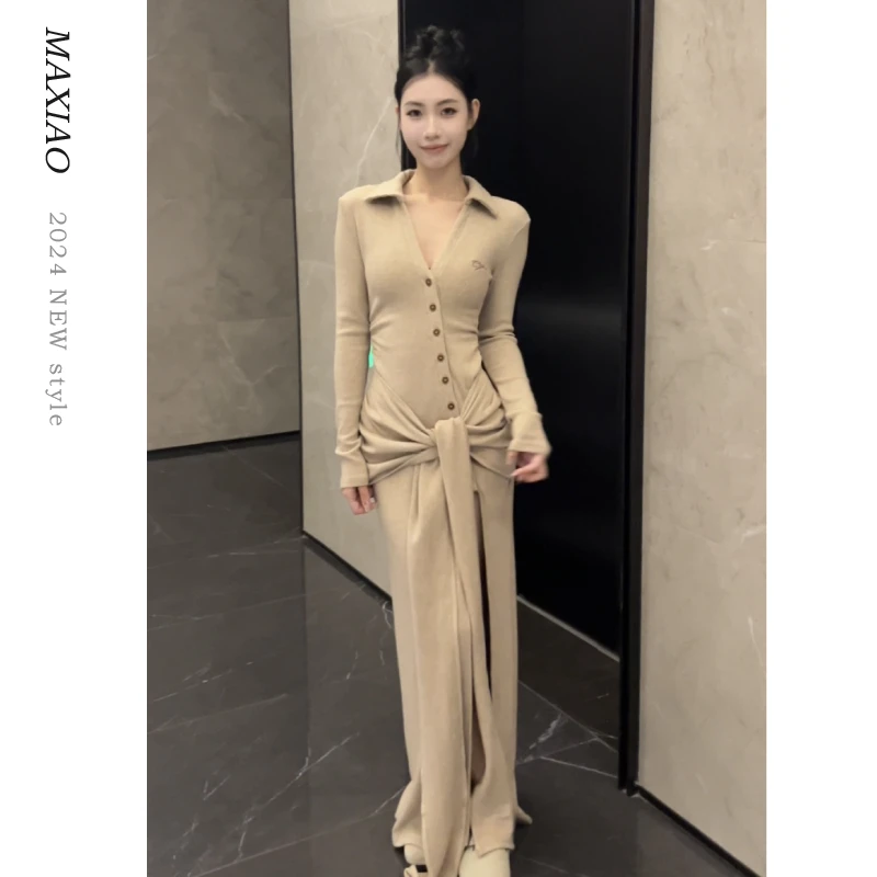 MAXIAO慵懒风长袖V领设计款连衣裙开叉绑带修身显瘦辣妹收腰A字裙