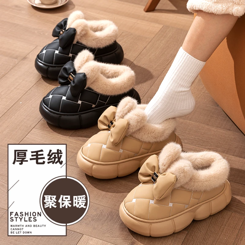 蝴蝶结包跟棉鞋女新款冬季加绒加厚底一脚蹬PU防水雪地靴女士外穿