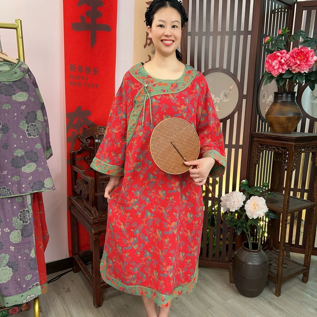 夏季25款纯棉国风圆领长袖睡裙