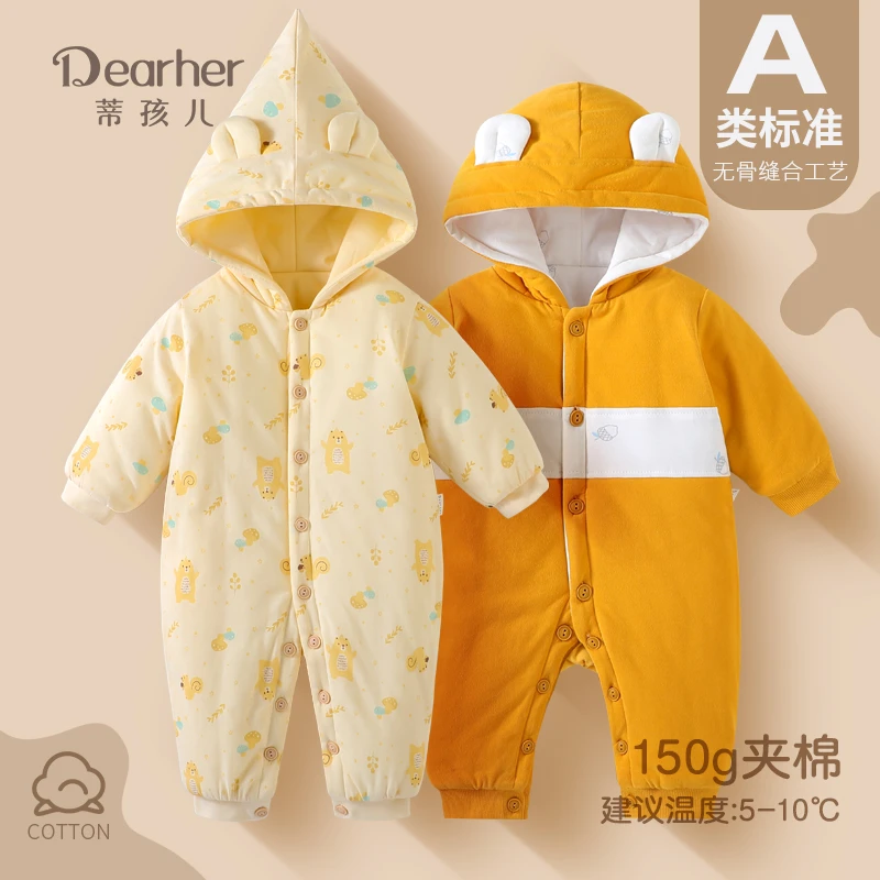 婴儿连体衣秋冬季纯棉宝宝衣服家居内衣对开棉哈衣夹棉爬服0-6月