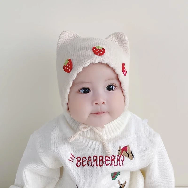 婴儿帽子秋冬季女宝宝针织毛线帽婴幼儿韩系草莓女童护耳包头帽潮