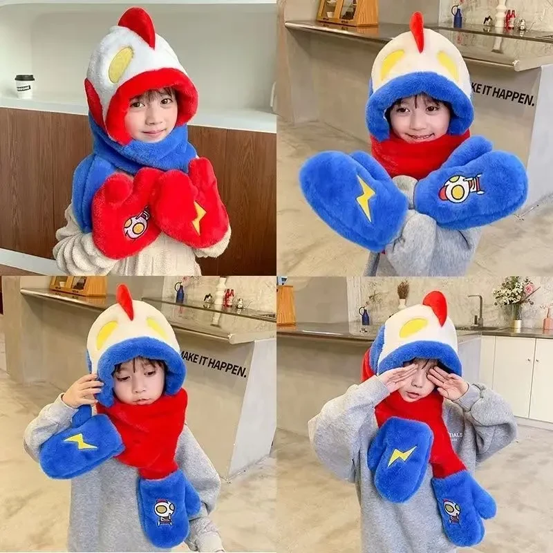 儿童帽子围巾手套三件套一体冬季奥特曼男女宝宝加绒加厚保暖围脖