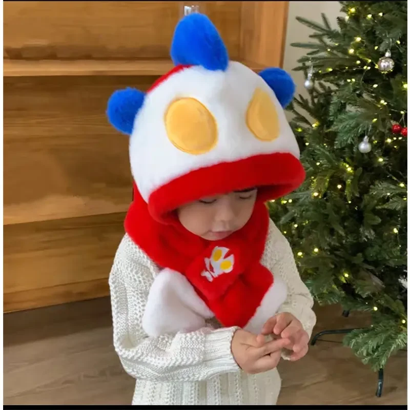 奥特曼儿童帽子围巾一体冬季保暖男女宝宝加绒加厚毛绒护耳帽男童