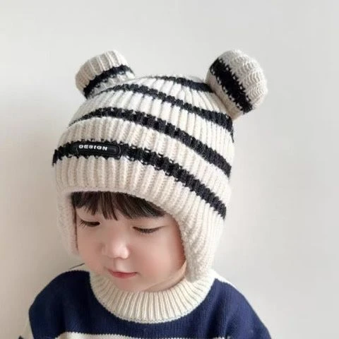 宝宝帽子秋冬季韩版条纹护耳帽婴儿保暖针织帽冬天男女儿童毛线帽