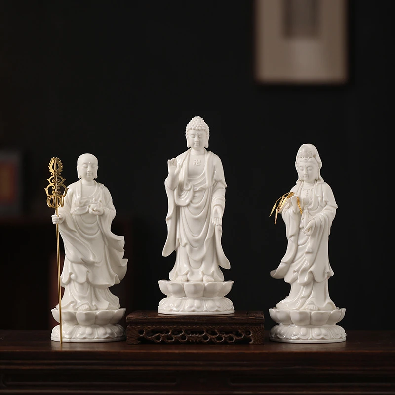 中式禅意婆娑三圣陶瓷摆件家居书房博古架办公室装饰礼品站立佛像