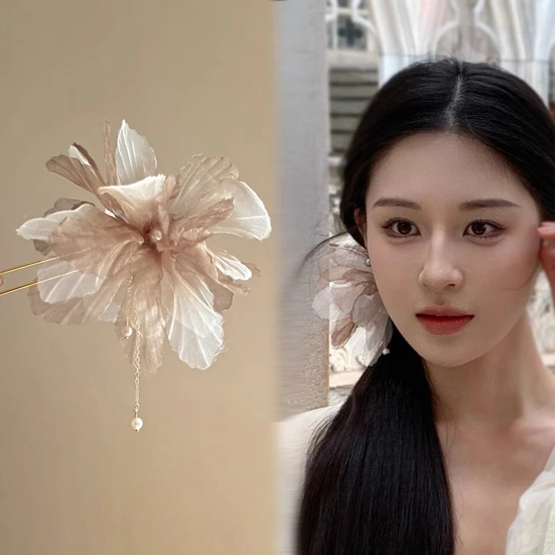 秋冬季雪纺纱流苏u型花朵发簪女2023新款后脑勺超仙发钗气质发饰