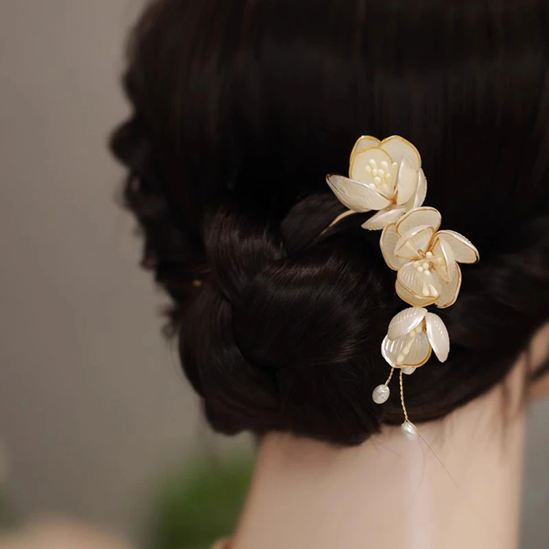 古风旗袍花朵U型发簪女后脑勺气质手工发簪子超仙国风茶服配饰品