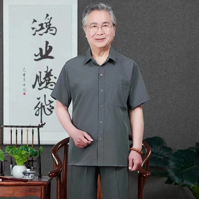 老年人夏季薄款短袖衬衫休闲宽松套装爸爸夏装两件套国风爷爷唐装