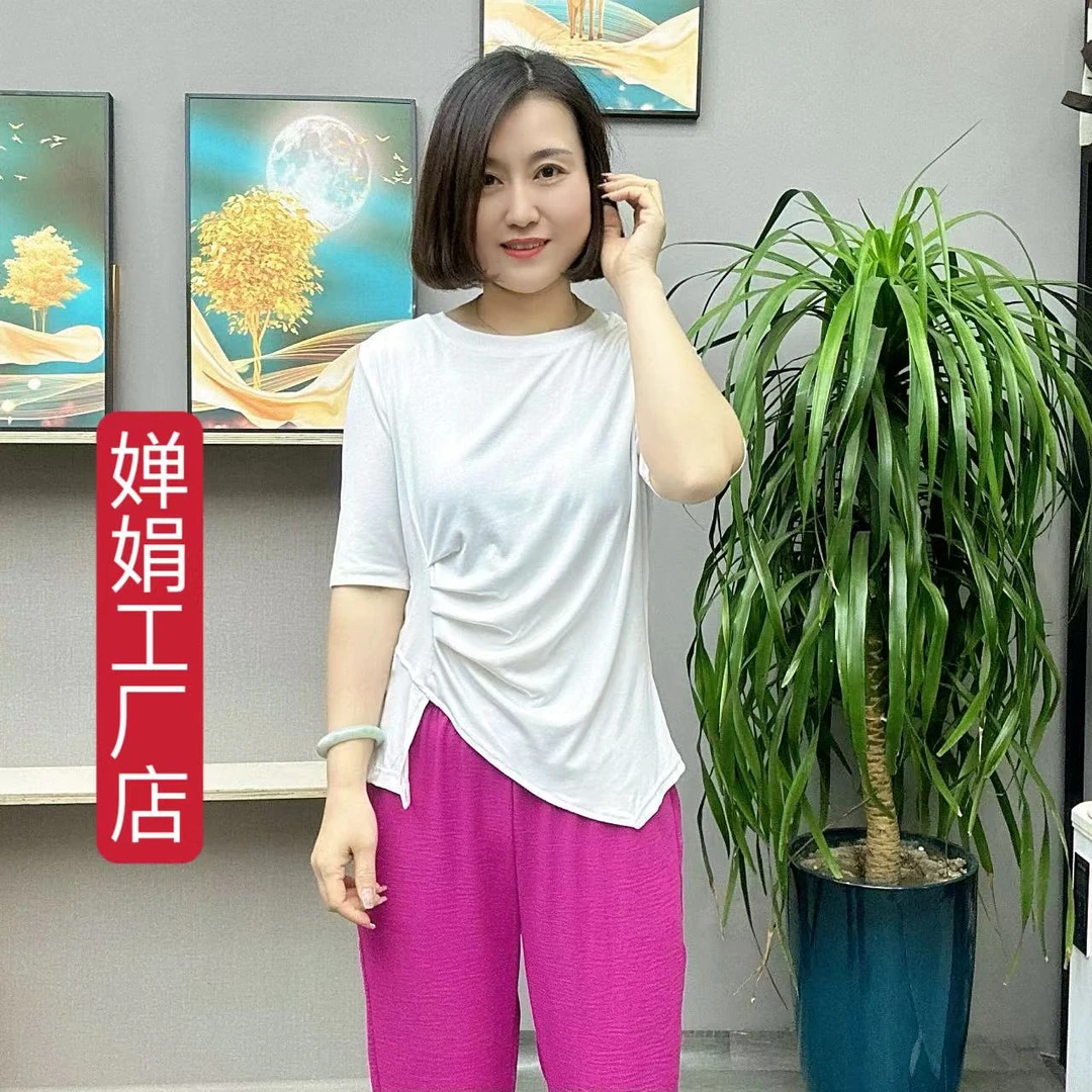 常熟新中式时尚休闲薄款纯色圆领显瘦透气不规则开叉百搭春夏T恤