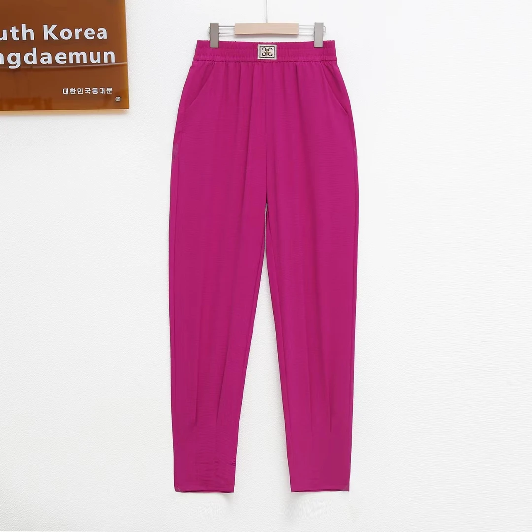 [专柜原单]时尚百搭女士春夏薄款纯色褶皱休闲透气萝卜裤夏季女裤