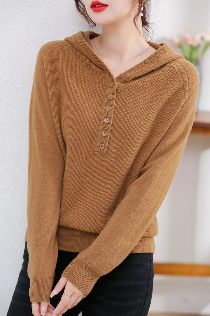 100羊毛秋冬减龄显瘦连帽针织长袖女士上衣885