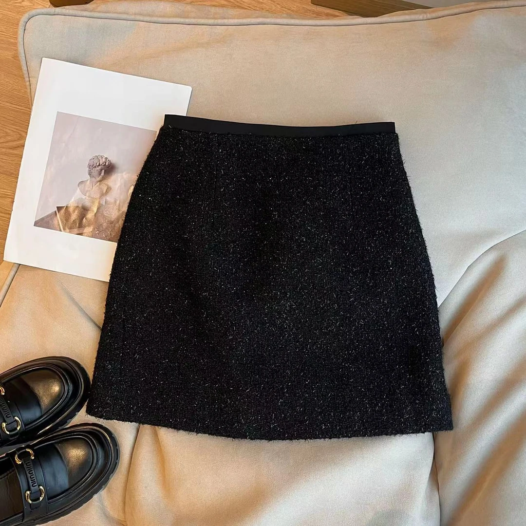 【月亮推荐】24803 冬季气质a字亮丝显瘦半身裙百搭时尚短裙黑色