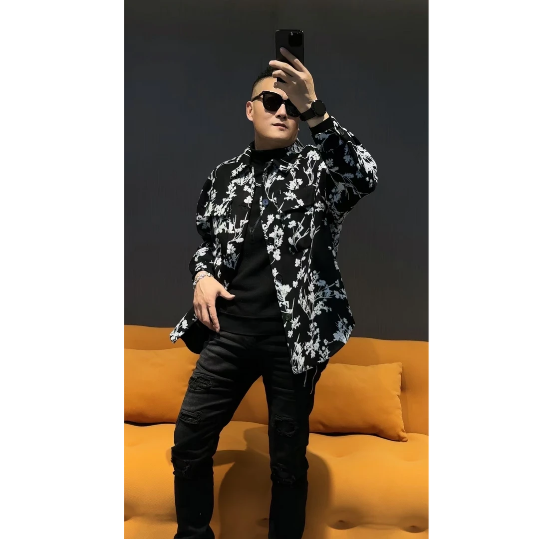 秋冬绵羊毛国潮刺绣衬衫外套男潮流阔版宽松加厚时尚休闲夹克款