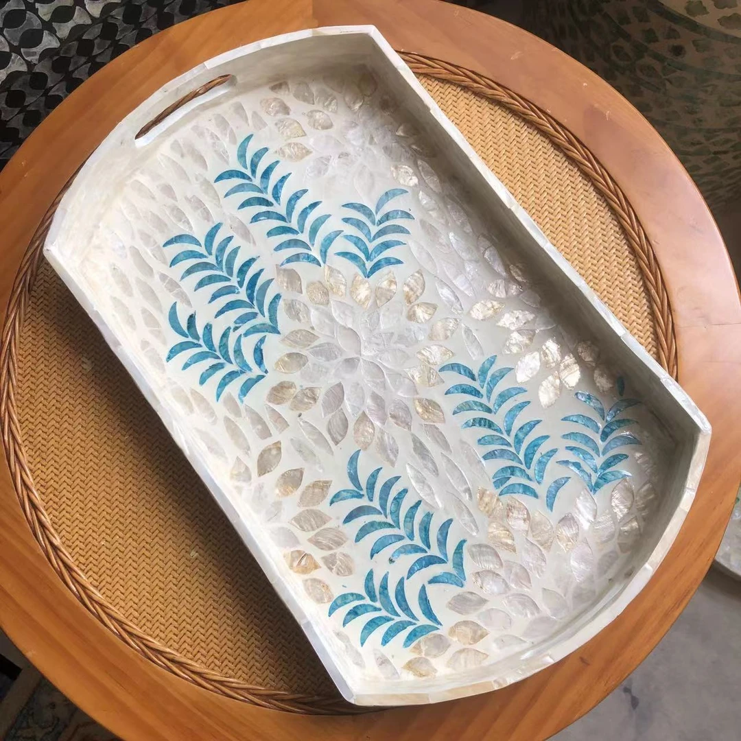 LH428蓝草花款圆边长条贝壳盘水果盘45*27