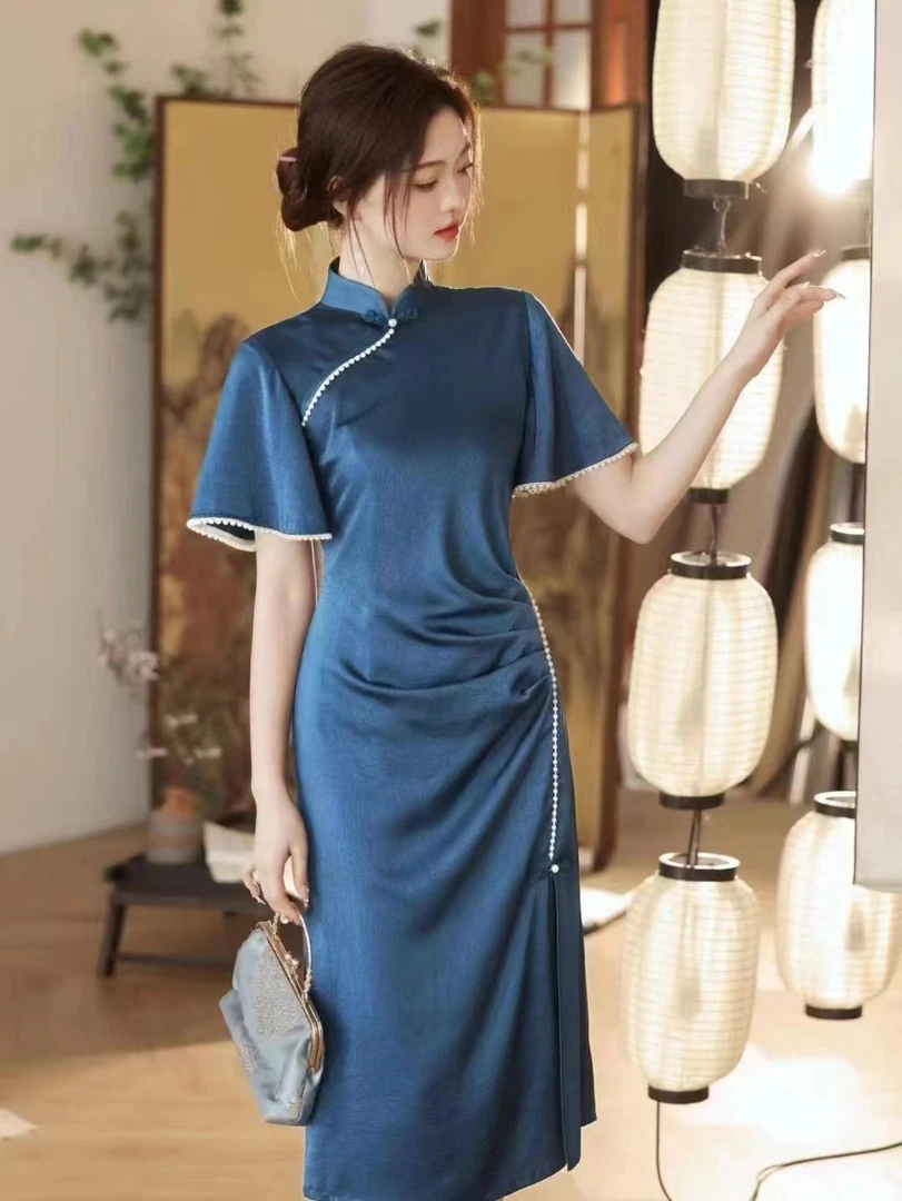 中外贸易港『绿袖姑娘』醋酸精致简约旗袍秀禾珍珠显瘦仙女ins风