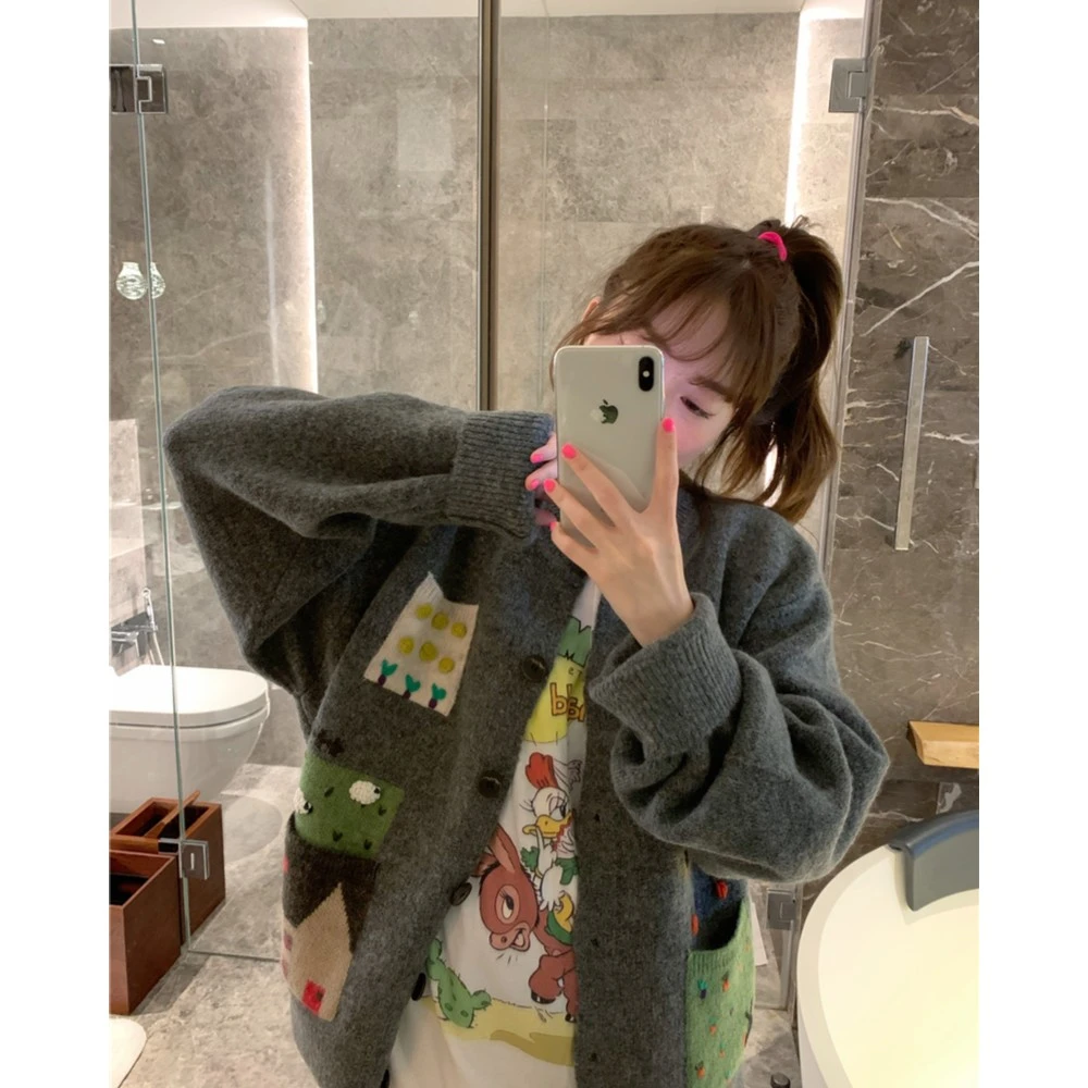 【BORAKOO】加厚撞色刺绣针织小房子毛衣开衫