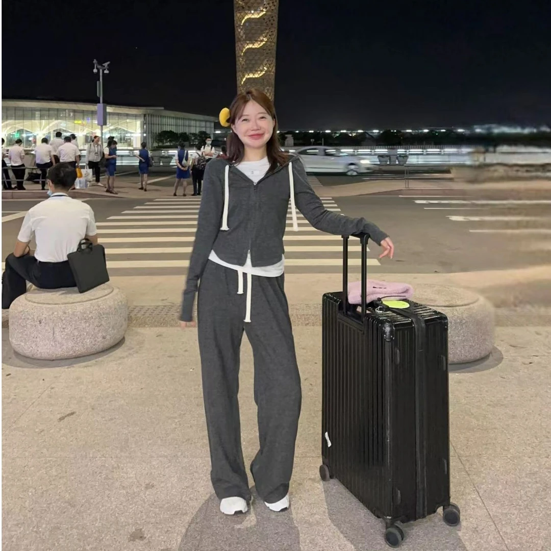 【BORAKOO】机场套装~深花灰色上下拉链上衣+直筒长腿裤套装