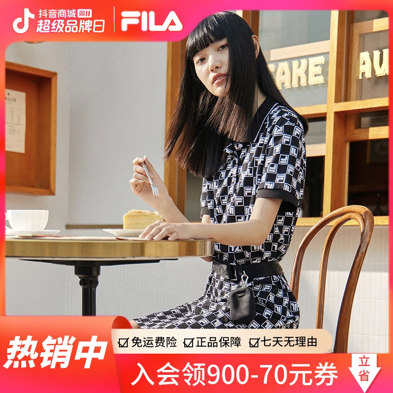 【满印老花】FILA/斐乐女款夏日时尚休闲显瘦百搭Polo领满印连衣裙