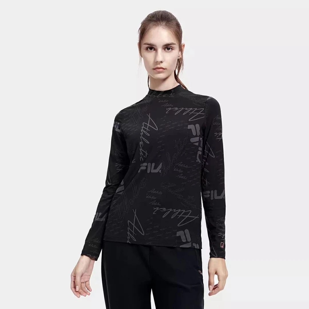 【紧身运动感】FILA/斐乐女装新款时尚印花套头健身长袖打底衫上衣