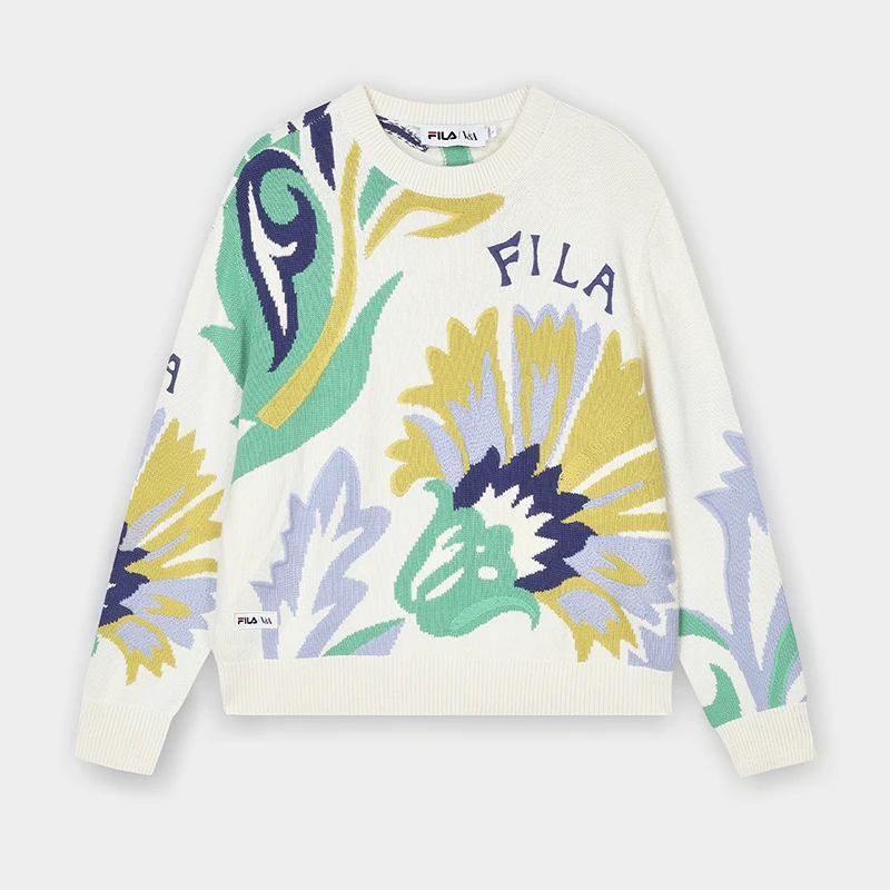 【V&A博物馆联名】FILA/斐乐女装时尚潮流满印宽松长袖圆领套头毛衣