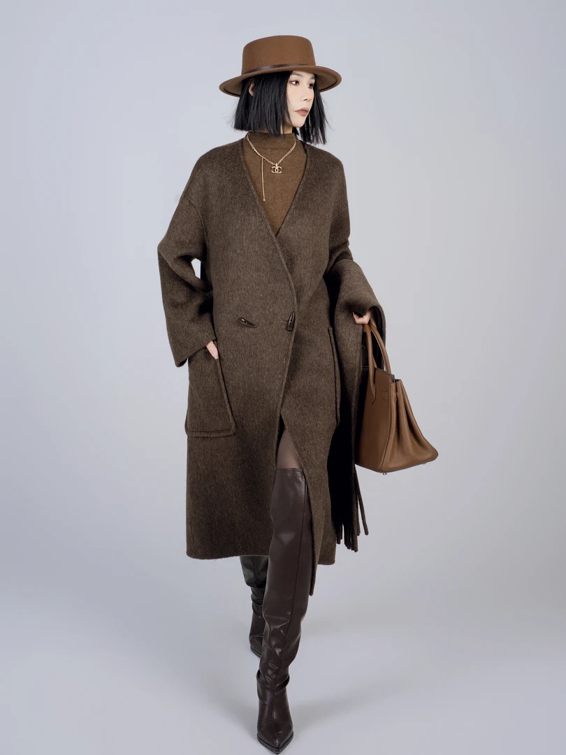 嫣美人 #378设计师廓版V领长款驼绒大衣长款双面毛呢外套