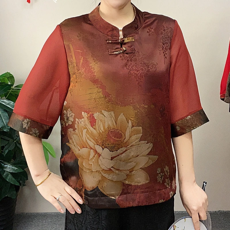 中老年妈妈装夏季上衣复古盘扣T恤宽松大码新中式女装提花小衫