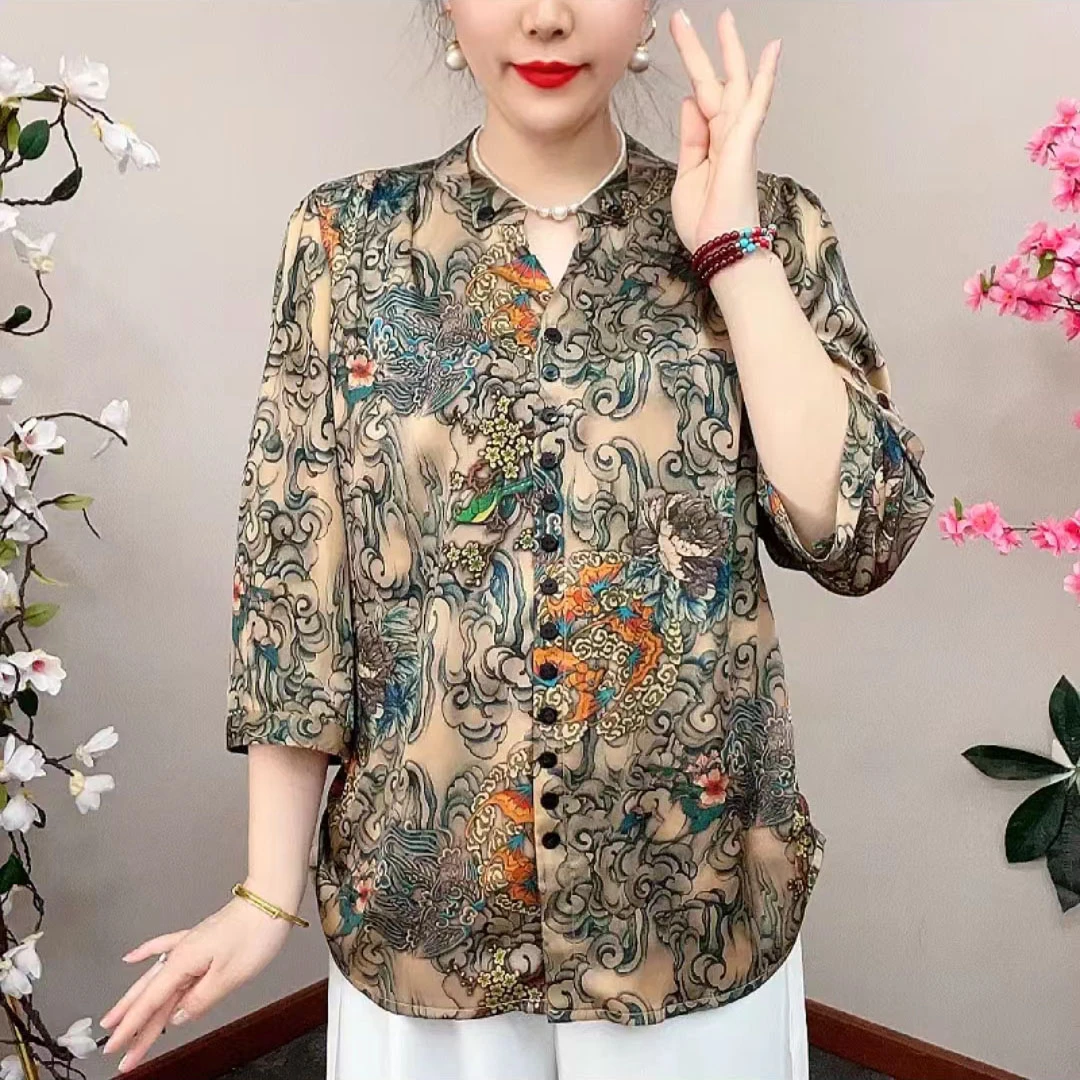325-1 中老年妈妈装大码洋气时尚女装假开衫碎花气质上衣七分袖