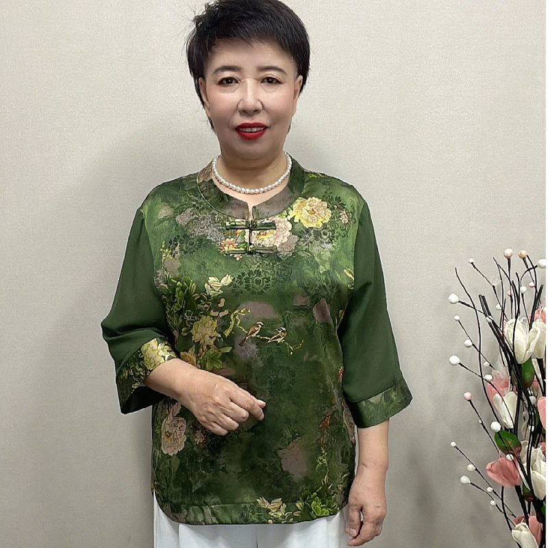 中老年夏季七分袖复古新中式妈妈装时尚盘扣上衣圆领宽松T恤女装