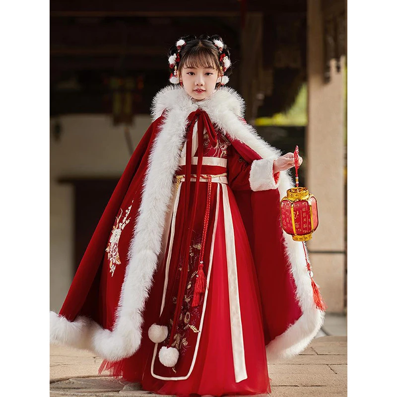 女童汉服秋季拜年服加厚儿童唐装中国风襦裙花童古装超仙新年汉服