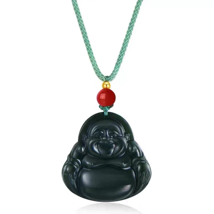 天然专柜正品珠宝和田玉塔青佛公吊坠笑佛玉石弥勒佛吊坠送礼证书