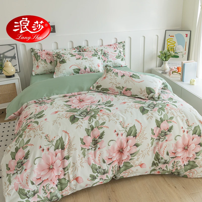 LANSWE/浪莎2024新款植物羊绒柔感磨毛印花斜纹四件套