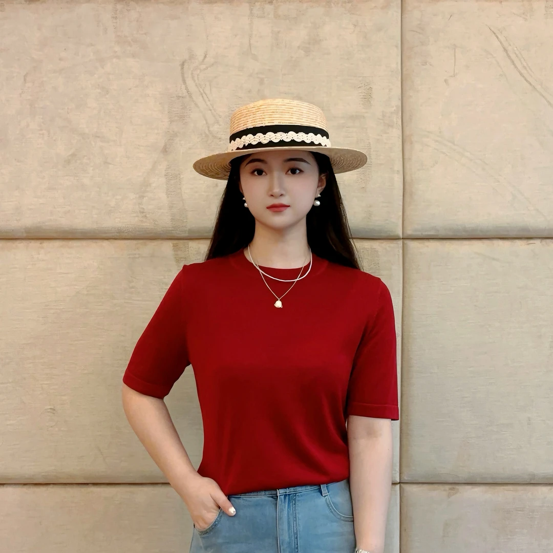 lizhu/麗竹针织衫LM01243105226显瘦时尚休闲百搭夏季红色纯色