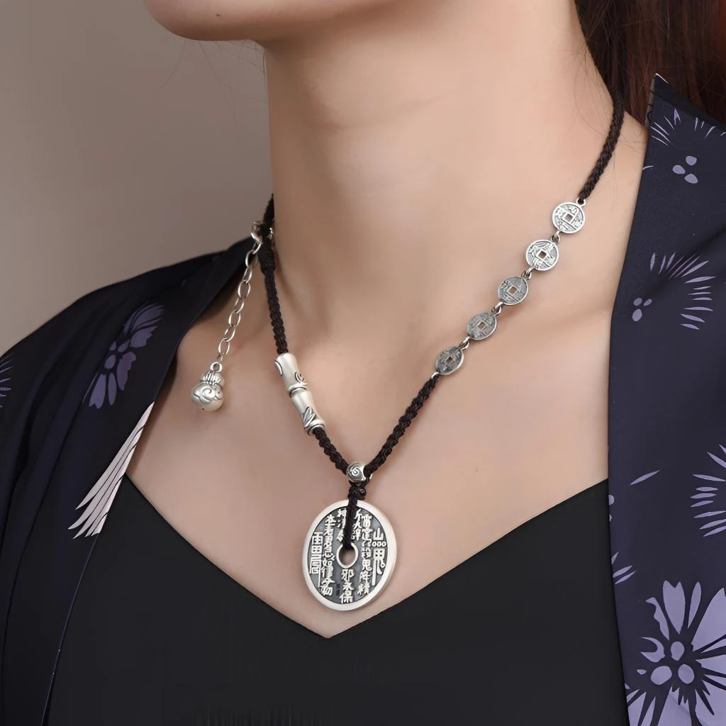 吊坠足银 足银五帝钱大号实心山鬼花钱吊坠项链 银葫芦本命年礼物