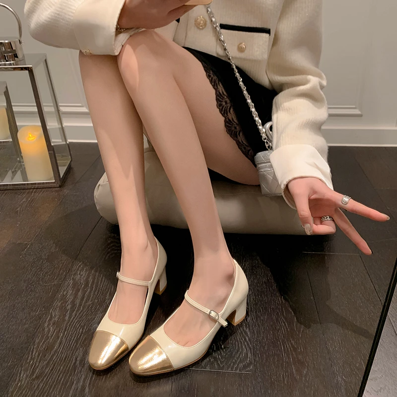 【令奢】跟高4cm/小圆头粗跟拼接一字带夏季百搭玛丽珍气质单鞋女