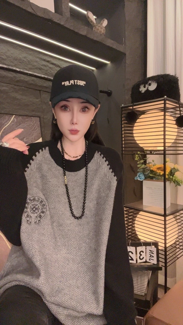 【NJ】梵文重工拼色十字架套头毛衣外套女韩版宽松中长款慵风懒上衣