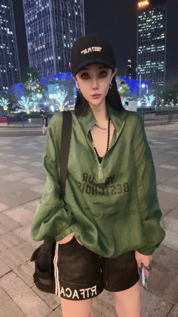 【NJ】设计感夏季新款韩版休闲字母半拉链宽松百搭亚麻套头防晒衬衫