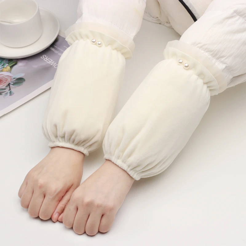 短款绒布袖套珍珠时尚洋气百搭护袖蕾丝家务袖头防污套袖心馨秀