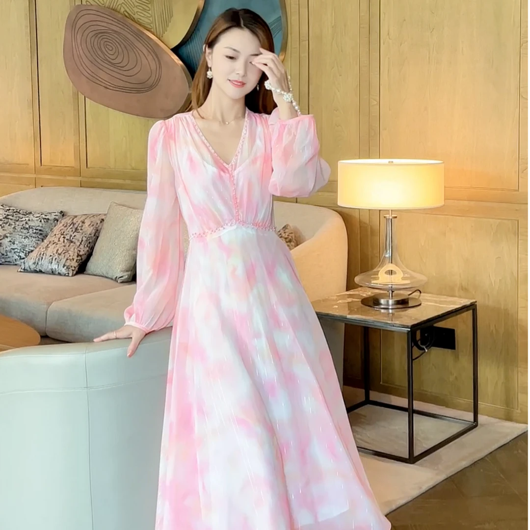 千语栀【粉雾轻烟】印花珍珠钉珠重工轻奢优雅显瘦女装连衣裙名媛