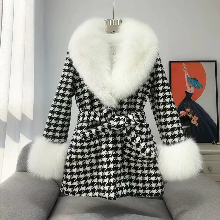 千语栀【泉松海】翻领大毛领系带收腰千鸟格冬季小香风加厚毛呢外套
