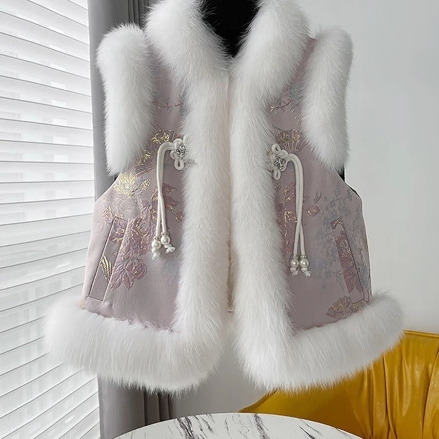 千语栀【暖岁】冬季加厚保暖刺绣马甲亮丝大毛领时尚中国风马甲夹棉