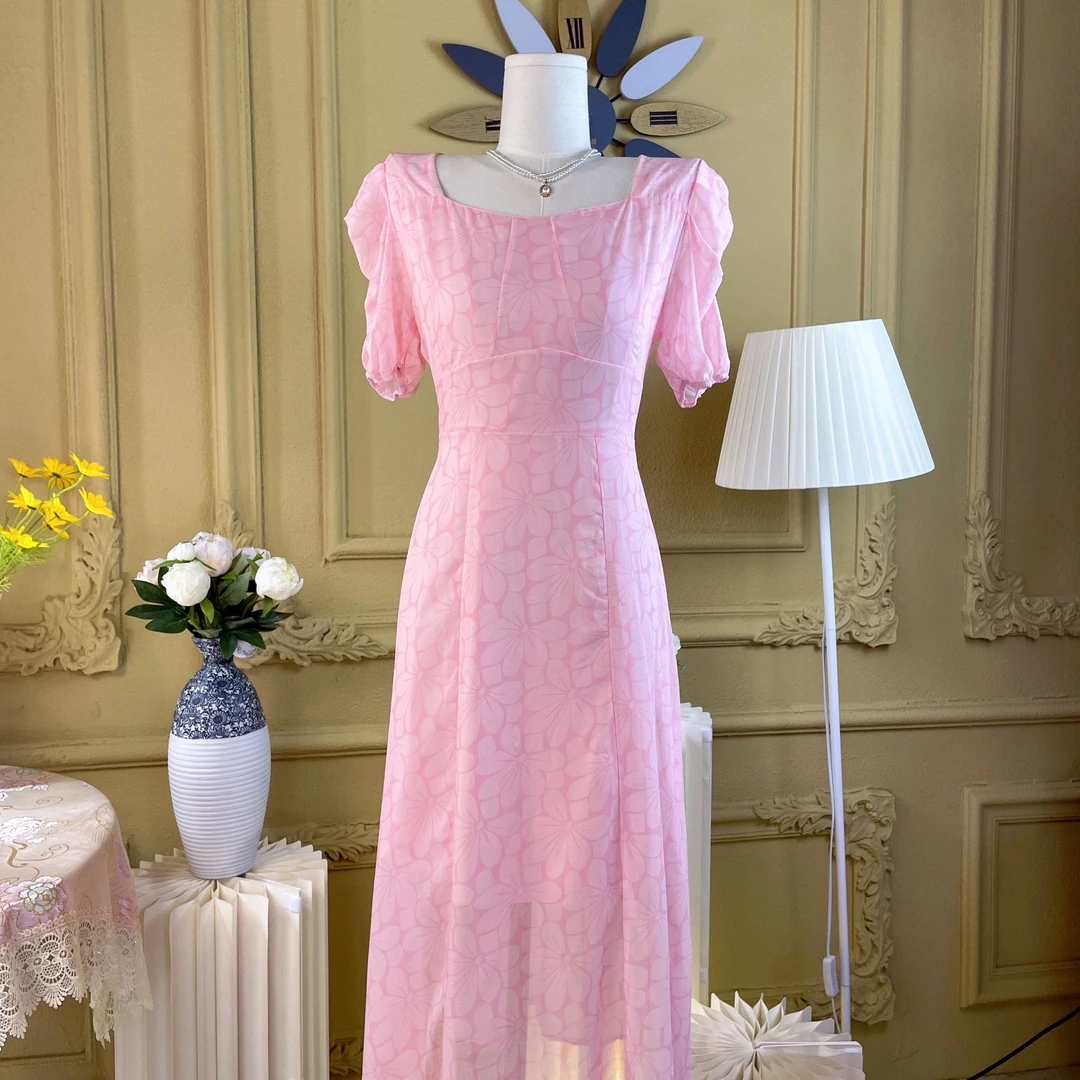 千语栀【桃纪】少女收腰粉色连衣裙甜美日常温柔珍珠肩带短袖连衣裙