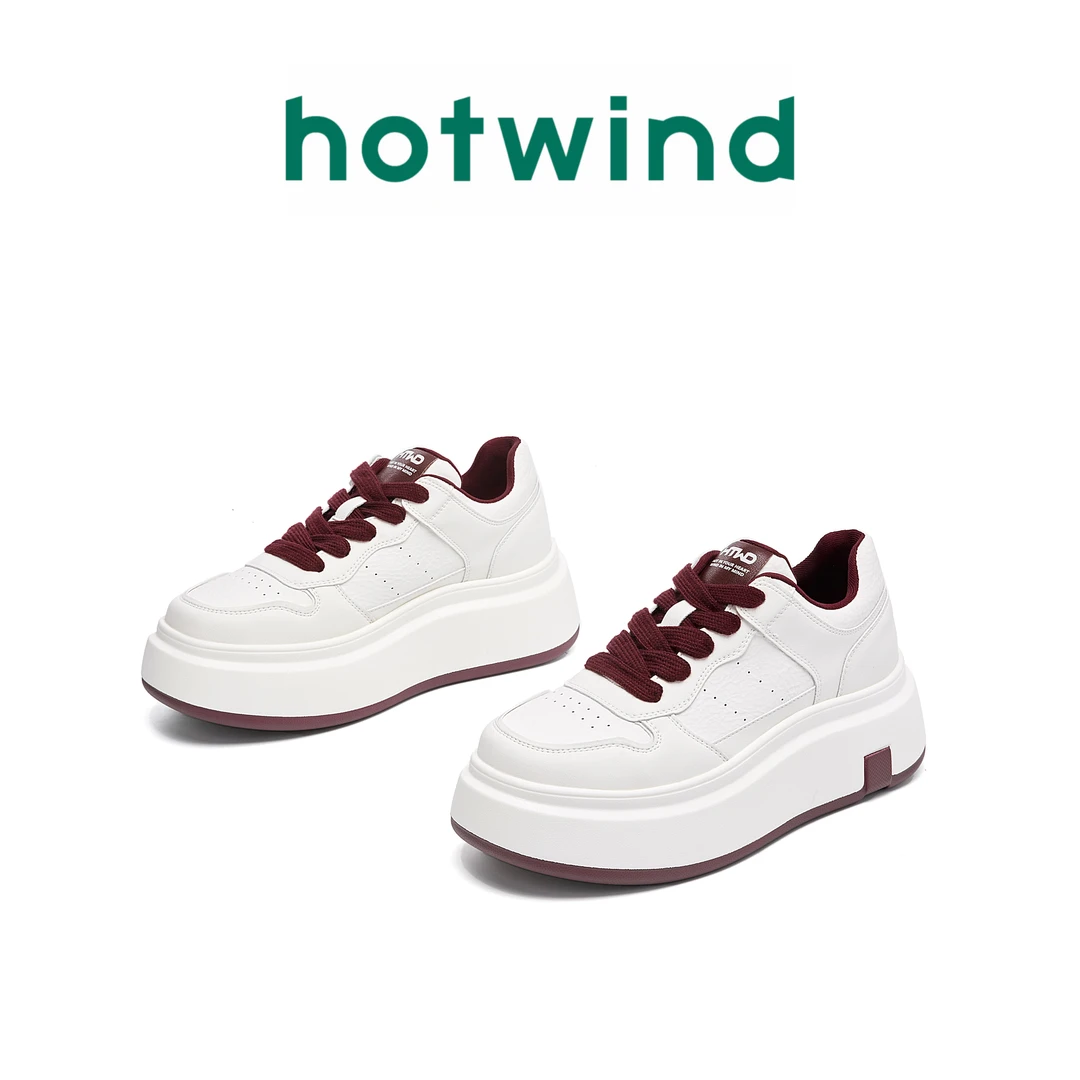 Hotwind/热风拼色增高厚底板鞋女2025新款潮流系带休闲鞋百搭女款