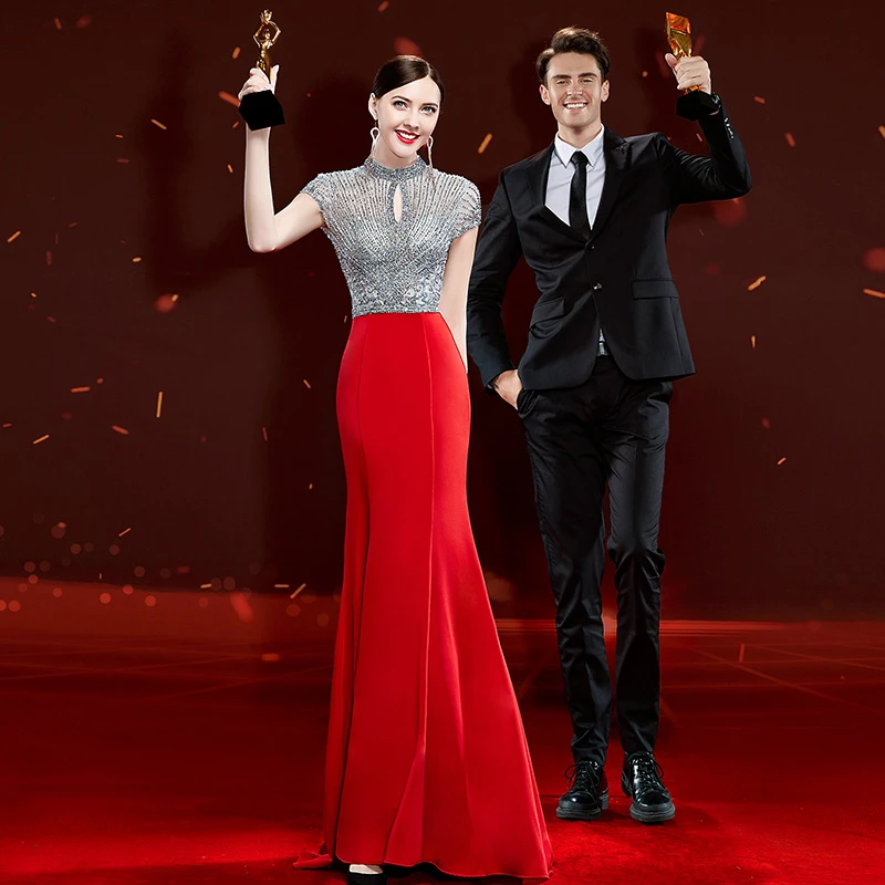 9251红色新款气质修身奢华鱼尾主持人长裙宴会结婚女敬酒服演出